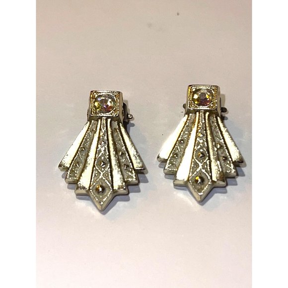 Vintage Clip-on Art Deco Silver-Tone Earrings Rhinestone Detail Signed W.Germany - Picture 2 of 8